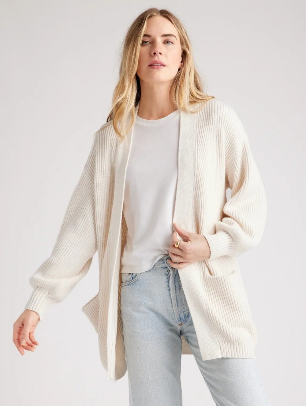 Quince Cream Ribbed Open-Front Cardigan Oversized Slouchy Sz Small Layering